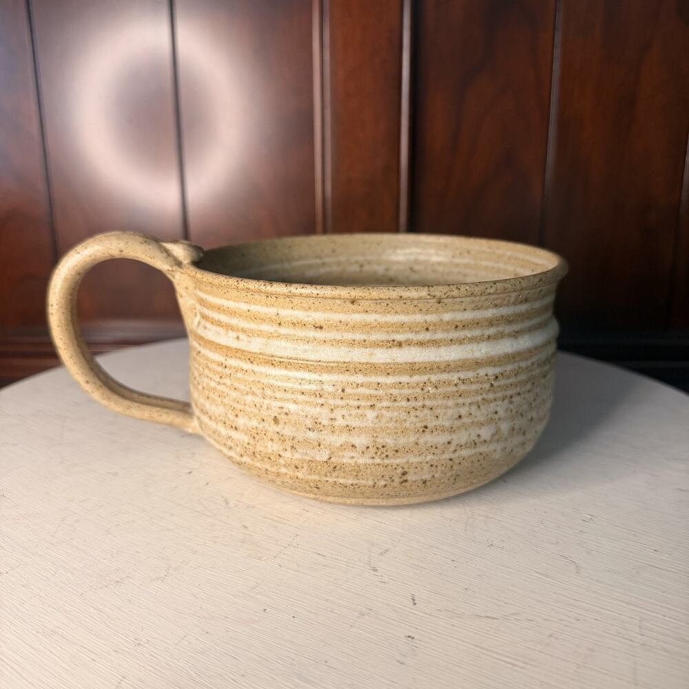 Vtg Studio Art Pottery XL Soup Crock Handle Bowl Stoneware Glazed Signed